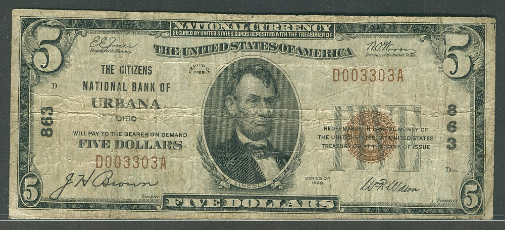 Urbana, OH, Ch.#863, 1929T1 $5, The Citizens NB, DB03303A, Fine